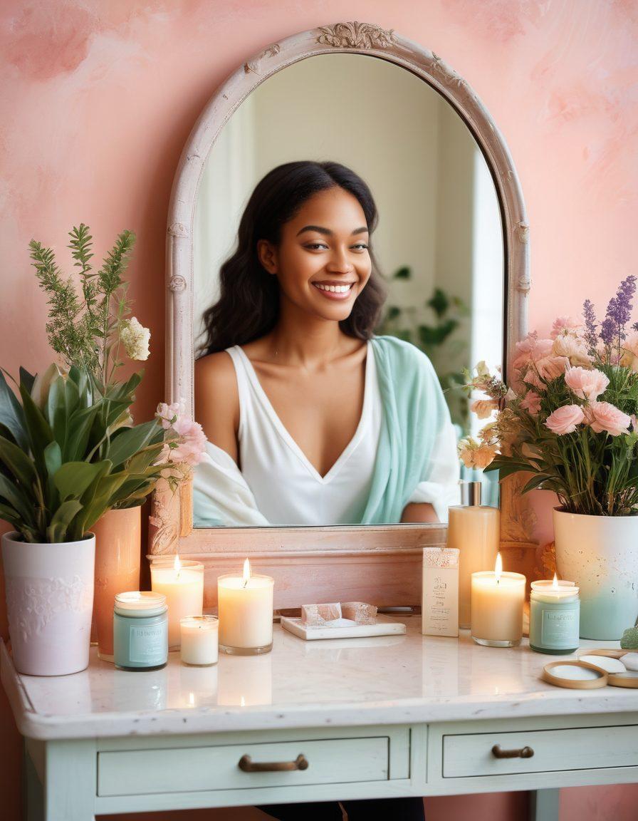 A serene vanity table adorned with natural skincare products, candles, and plants, set against a soft pastel background. A reflection in the mirror shows a person smiling, embodying confidence and well-being. Gentle warm lighting creates an inviting ambiance that suggests tranquility and self-care. Artistic elements like watercolor splashes and floral motifs enhance the theme of beauty and wellness. vibrant colors. soft focus.