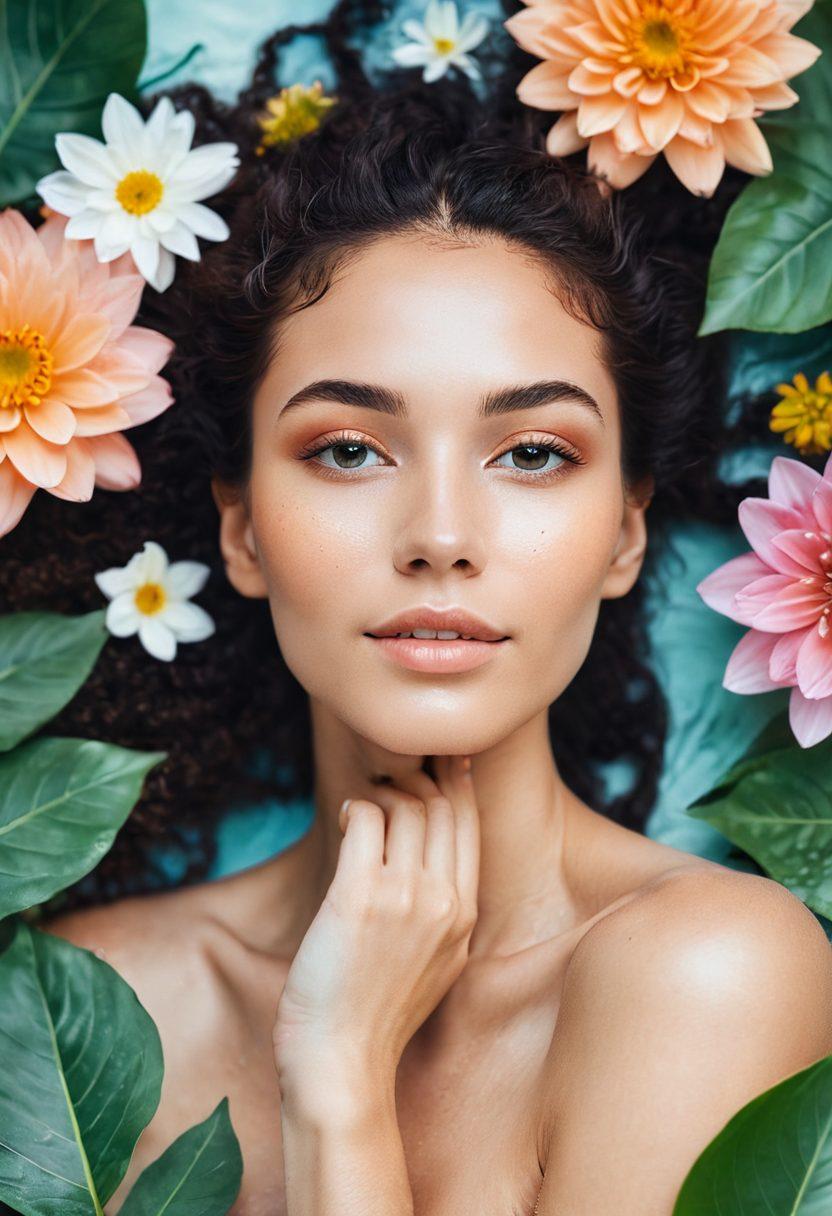 A serene, glowing woman surrounded by natural elements like flowers and water, radiating confidence and self-love. Her skin appears fresh and luminous, symbolizing radiant skincare. Soft pastel colors create a calming atmosphere, with uplifting quotes about self-love subtly integrated into the background. The composition combines both nature and beauty elements, with a focus on empowerment and inner glow. vibrant colors. soft focus.